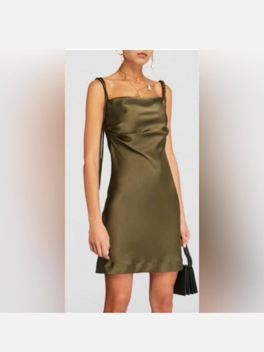 House of Harlow 1960 Olive Green Braided Strap Satin Mini Dress